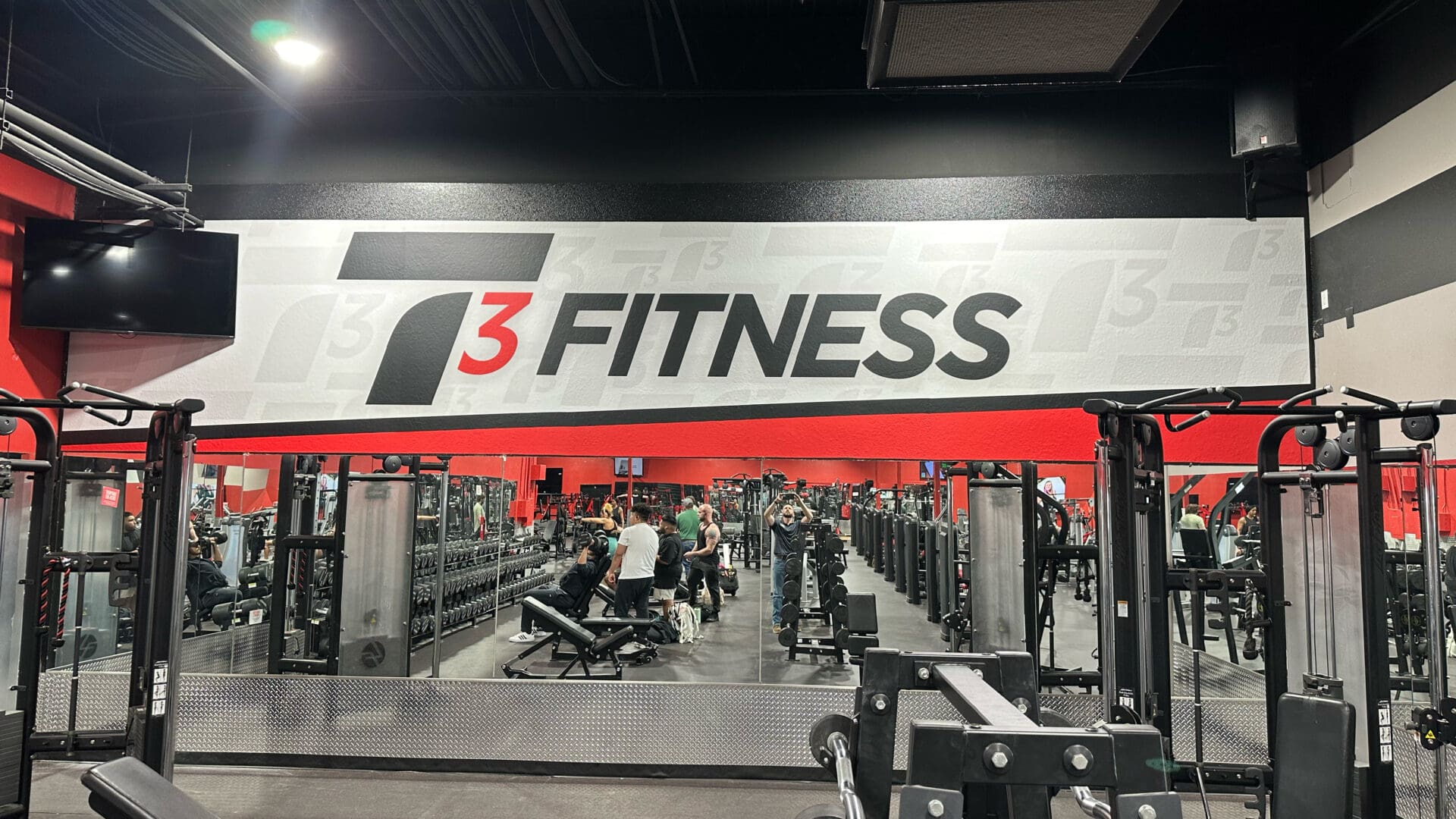 T3 Fitness wall logo above weight benches