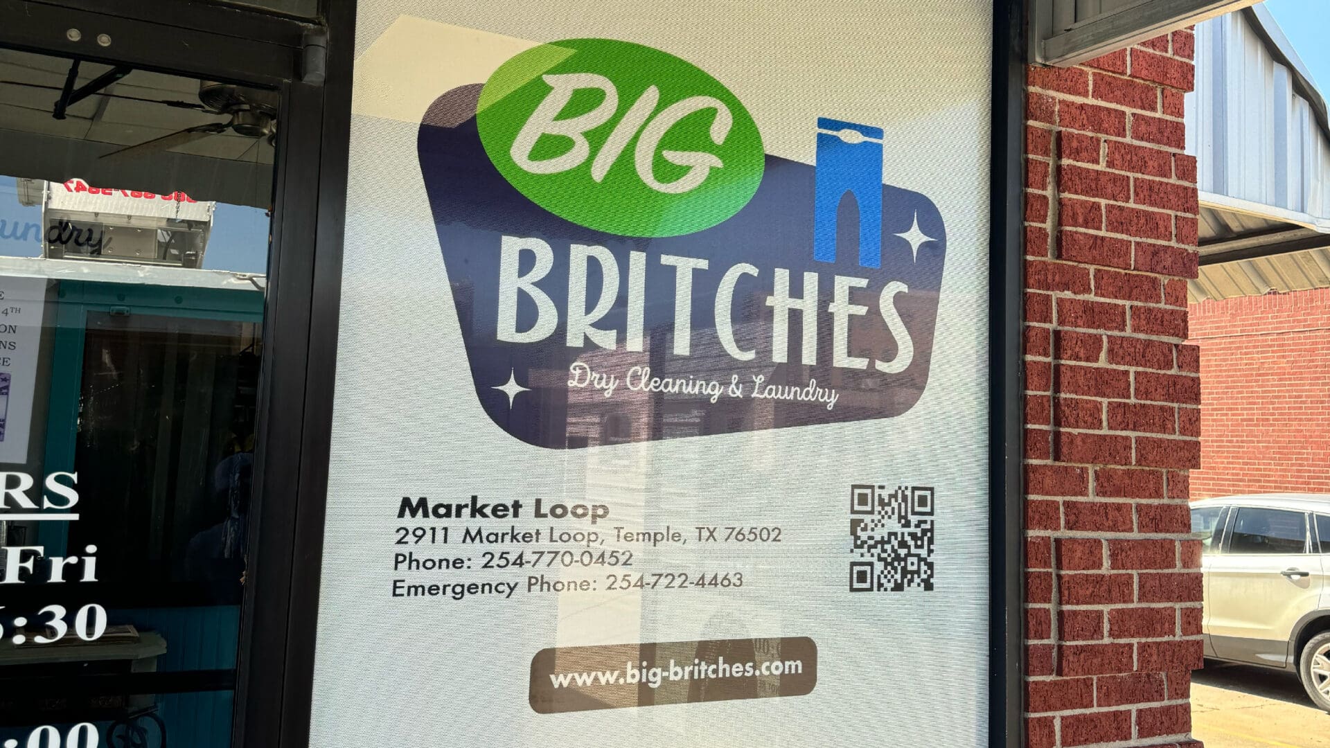 Window decal with Big Britches logo and QR